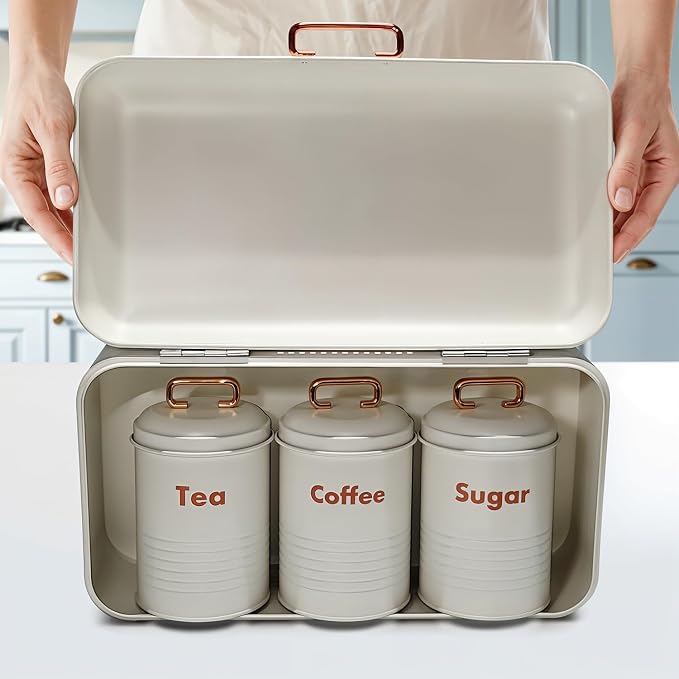 Plexon White Bread Box for Kitchen Countertop with Tea Coffee Sugar Containers Set – Metal Bread Storage Bin with Lid, Kitchen Canister Set of 4, Counter Organizer for Bread, Coffee Bar Pantry - Image 6
