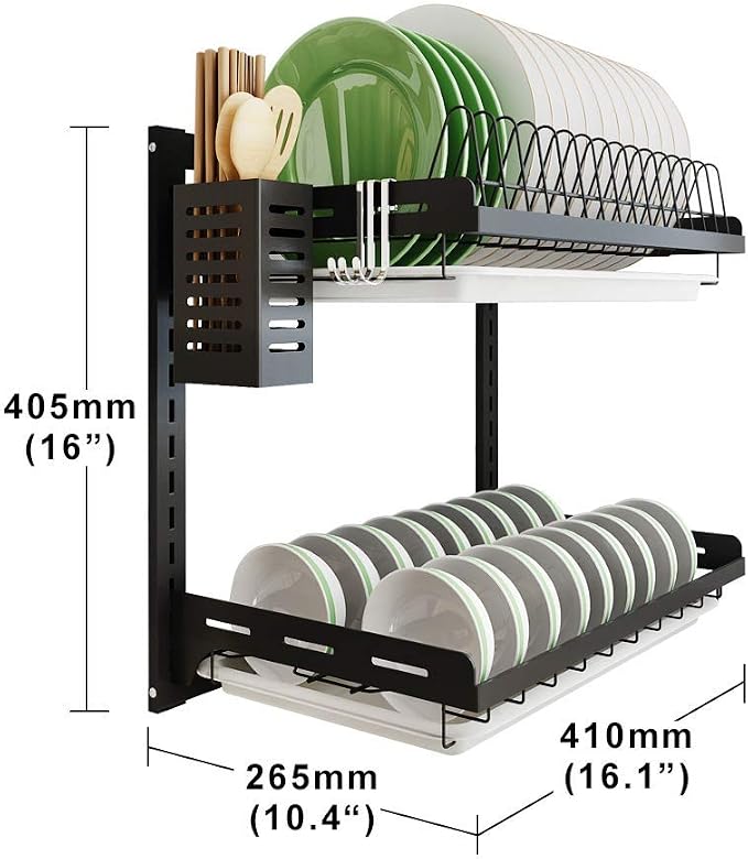 junyuan Kitchen Dish Rack,Hanging Dish Drying Rack Organizer Storage Shelf Over Sink,2 Tier Wall Mount Bowl Holder with Drain Tray and Silverware Stainless Steel Black Coating Ajustable Height - Image 6
