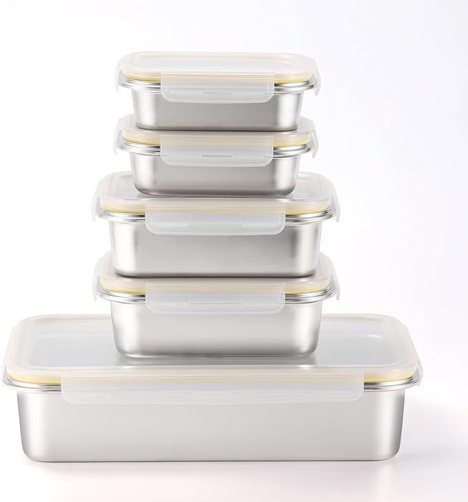 18/8 Stainless Steel Food Storage Containers, Meal Preparation Container Set, Baking Pan, Leak Proof Stackable Light and Easy Storage, Metal Set of 5 (2PC 21oz/2PC 43oz/1PC 169oz) - Image 9