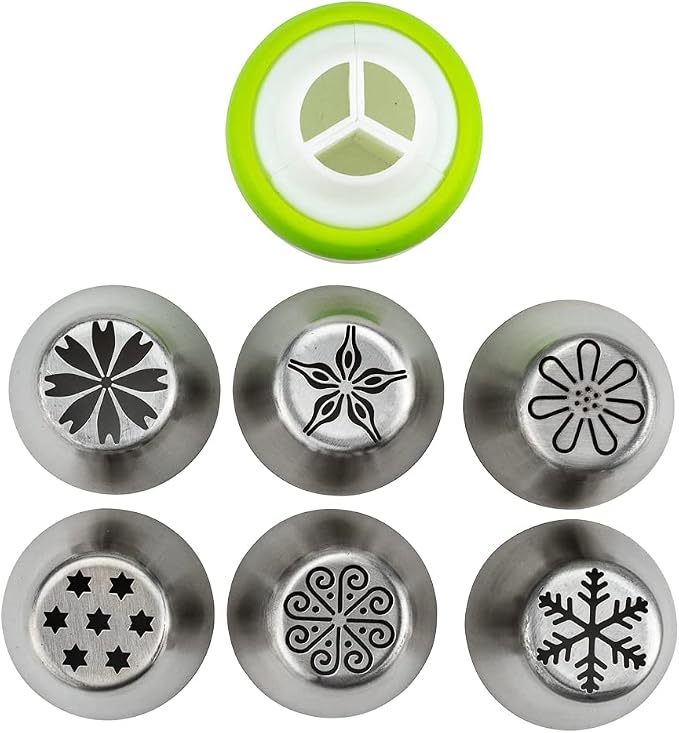 Restaurantware Pastry Tek Russian Piping Tips Set 17 Piece Durable Cake Decorating Kit - 6 Piping Tips 10 Piping Bags Stainless Steel Piping Bags And Tips Set 1 Tri-Color Coupler - Image 6