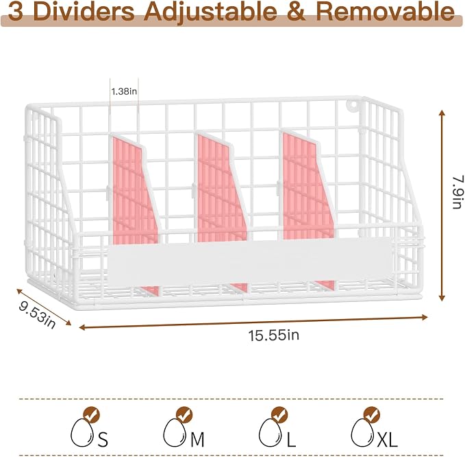 Egg Basket, Stackable Wall Mount Egg Holder Countertop with Weekday Labels | Rustproof carbon steel basket with adjustable dividers, ideal for backyard poultry, small kitchen & pantry storage, 1T White - Image 6