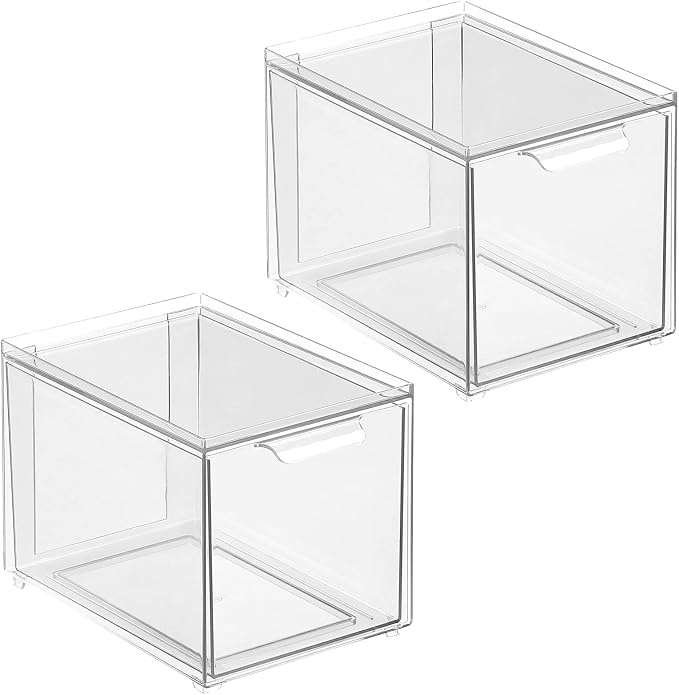 mDesign Plastic Closet Organizer Bin w/Pull Out Drawer - Slim Stackable Storage for Closet - Organization for Accessories, Bags, Totes, Small Linens, and More - Lumiere Collection - 2 Pack - Clear - Image 9