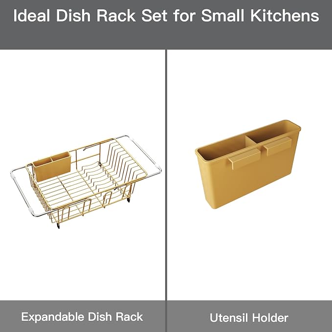Gold Dish Drying Rack Over The Sink with Utensil Holder | Expandable Stainless Steel Dish Drainer for Small Kitchen, Apartment, RV, Counter Space Saving, Perfect Fit, Rustproof - Image 9