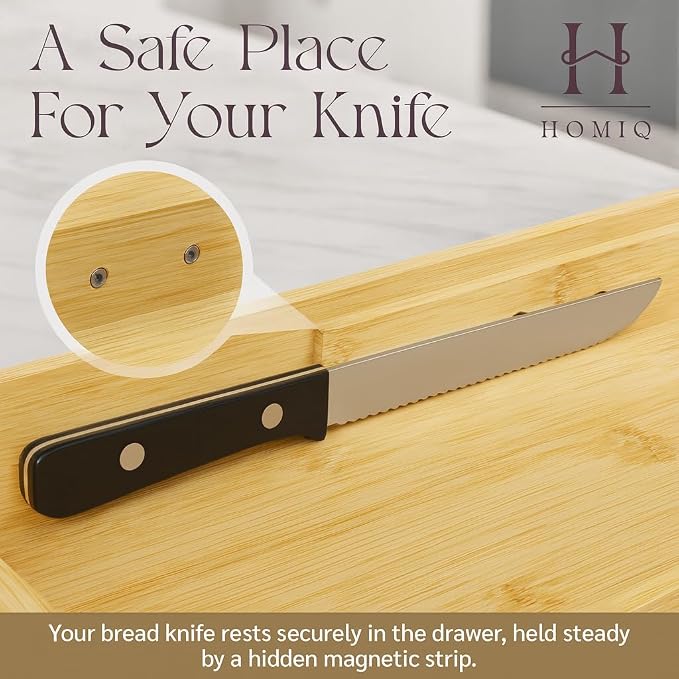 Bread Box for Kitchen Countertop - Bamboo Wood Breadbox with Knife Storage, Ventilation Holes - Farmhouse Loaf Organizer, Versatile 2 Layer Bread Storage Container for Snacks Mugs Spices - Image 9
