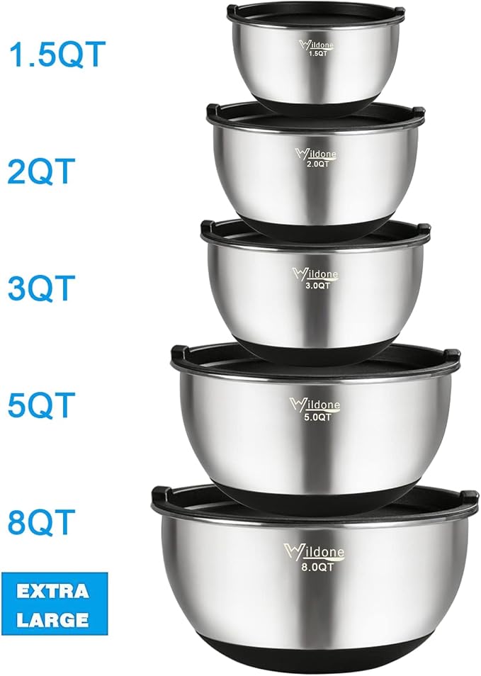 Wildone Mixing Bowls with Lids Set, Stainless Steel Mixing Bowls Set of 5 | Large Prep Metal Bowl Set with Non-slip Bottoms, Size 8, 5, 3, 2, 1.5 QT, Airtight Lids, Thicker Stainless Steel - Image 7