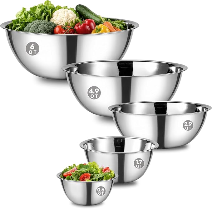 Stainless Steel Mixing Bowls Set of 5, 0.6 to 6 QT | Heavy Duty Nesting Metal Bowls, 0.6, 1.7, 2.9, 4.9, 6 QT, Flat Base, For Baking, Cooking, Salad Mixing & Bread Dough Kneading - Image 8
