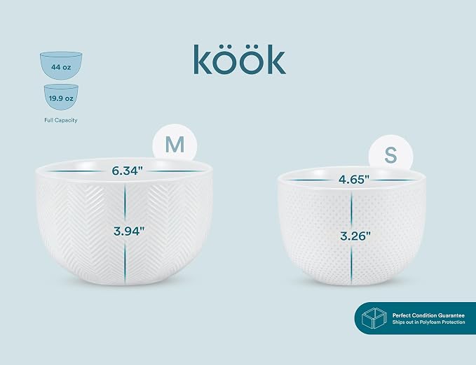 KooK Ceramic Mixing Bowls, Nesting Set of 4, Embossed Kitchen Dishware, Prep, Serving, Gift, Microwave and Dishwasher Safe, 20/44/98/145 oz, Narbonne Collection (Marshmallow) - Image 7