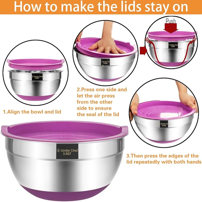 Umite Chef Mixing Bowls with Airtight Lids, 6 Piece Stainless Steel Metal Bowls, Measurement Marks & Colorful Non-Slip Bottoms Size 7, 3.5, 2.5, 2.0,1.5, 1QT, Great for Mixing & Serving - Image 7