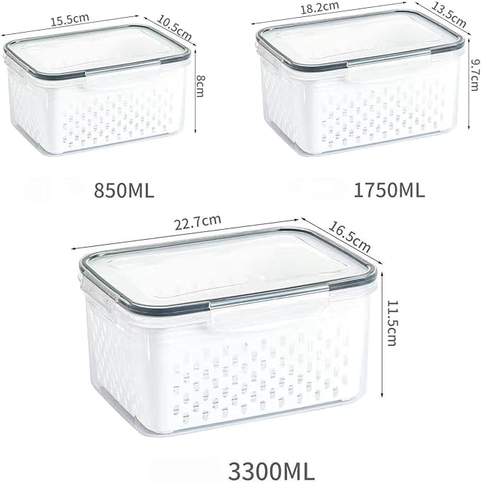Set of 3 Airtight Fruit Storage Containers for Fridge with Removable Colanders, BPA-Free Veggie Keep-Fresh Salad Prep Bowls, Stackable Bins for Washing, Draining, and Extended Food Freshness - Image 7