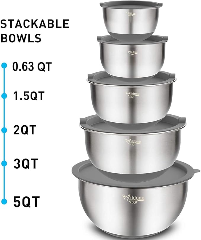 Wildone Mixing Bowls with Airtight Lids Set, 5PCS Stainless Steel Nesting Bowls Set for Kitchen, with Grater Attachments & Non-Slip Bottoms, Size 5, 3, 2, 1.5, 0.63 QT, Great for Baking & Serving - Image 7