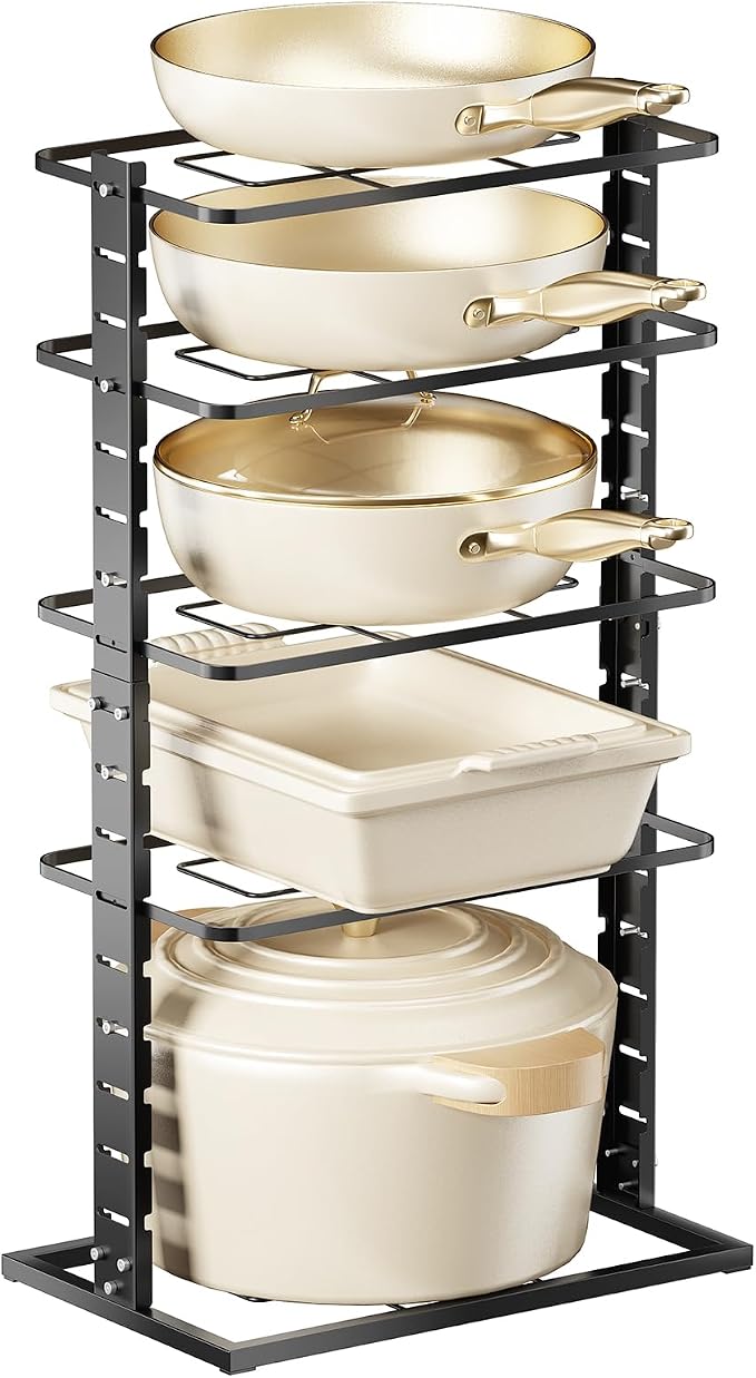 LAMU Pots and Pans Organizer Under Cabinet, 5 -Tier Dual-Pillar Design | Adjustable All-Metal Rack Stores Pots, Pans And Lids in Cabinets, on Countertops or Under Sinks, Holding Up to 55 Lb Black - Image 9