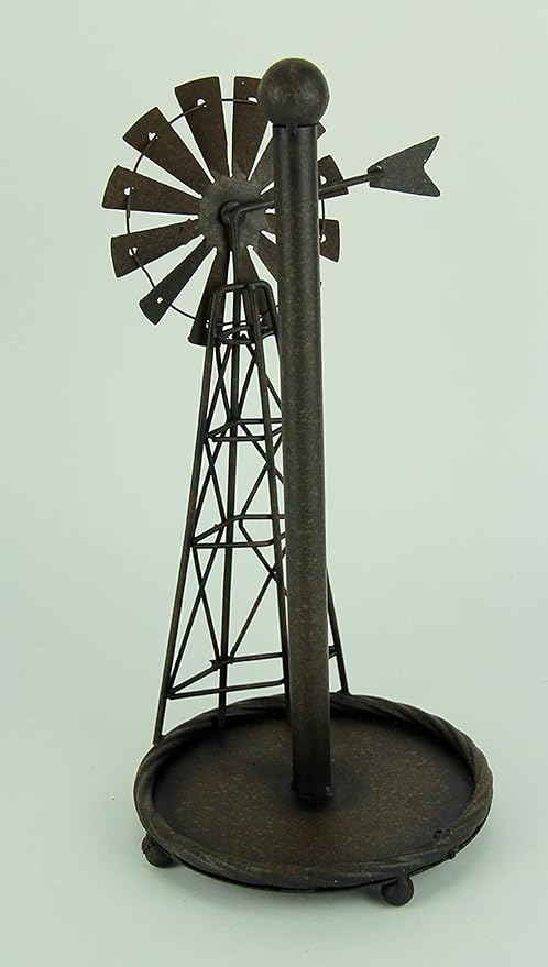 Rustic Distressed Metal Art Windmill Paper Towel Holder Kitchen Table Decor | Countertop standing roll dispenser, vintage farmhouse country style home decoration, unique moving wheel tabletop accent - Image 3