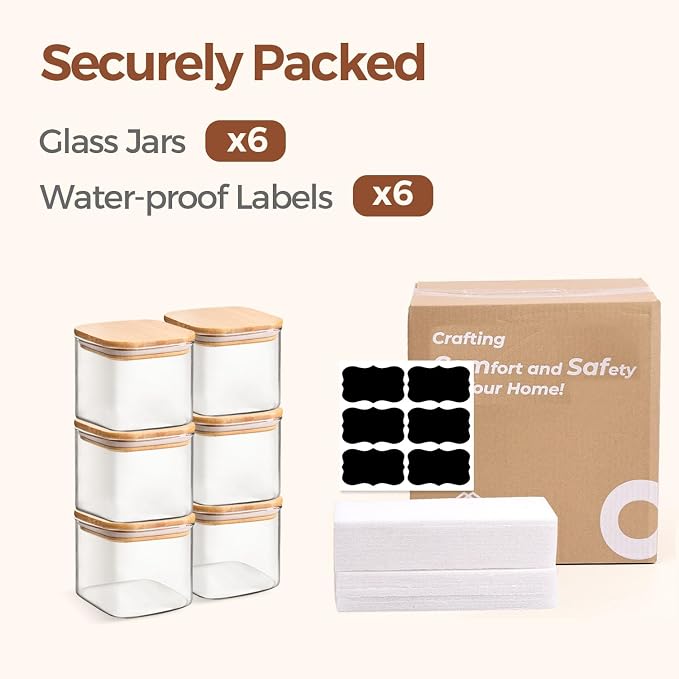 ComSaf Square Glass Containers With Lids 0.6 Qt, Set of 6 Small Galss Jars | Small Glass Canisters, Spice Jar, Pantry Organization, Snack, Cookie, Coffee Bar Organization, Size For Subpackage, BPA Free - Image 8