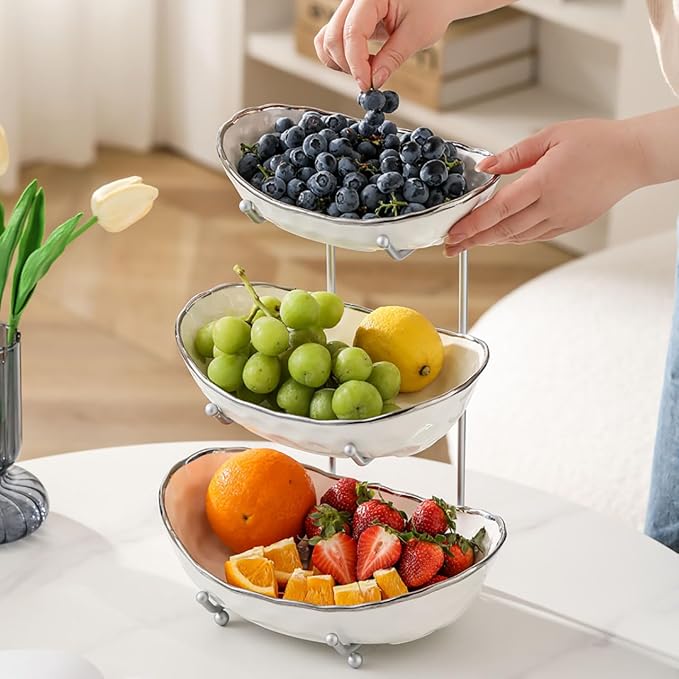 3-Tier Fruit Bowls for Kitchen Counter,White Ceramic Bowl with Silver Metal Stand,3 Tier Fruit Basket for Fruit,Snack,Cake,Nuts,Dessert Storage - Image 7