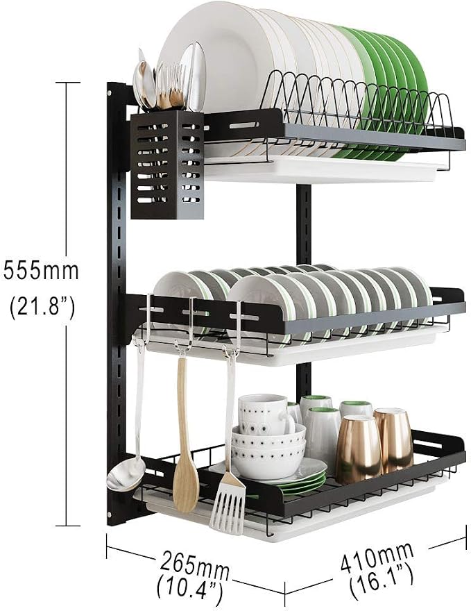 junyuan Hanging Dish Drying Rack Wall Mount,Dish Racks Drainer,3 Tier Kitchen Plate Organizer Storage Shelf with Drain Tray with 3 Hooks,Stainless Steel Black Large Ajustable Height - Image 7