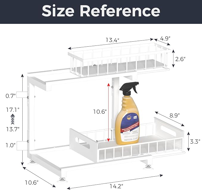 L-Shaped Under Sink Organizer, 2-Tier Pull-out Cabinet Rack 1-Pack | White Height-Adjustable Metal Rack, Sliding Grid Drawers with Safety Stopper, Holds 100 Lbs, Ideal Kitchen Cabinet Storage - Image 6