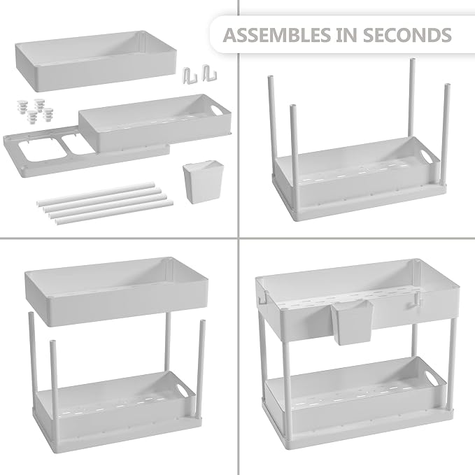 Under Sink Organizers and Storage, Bathroom Cabinet Organizer, Sink Shelf with Utility Hooks and Side Caddy for Under Cabinet Storage | Under Kitchen Sink Organizer with Sliding Drawer, White (1-Pack) - Image 8
