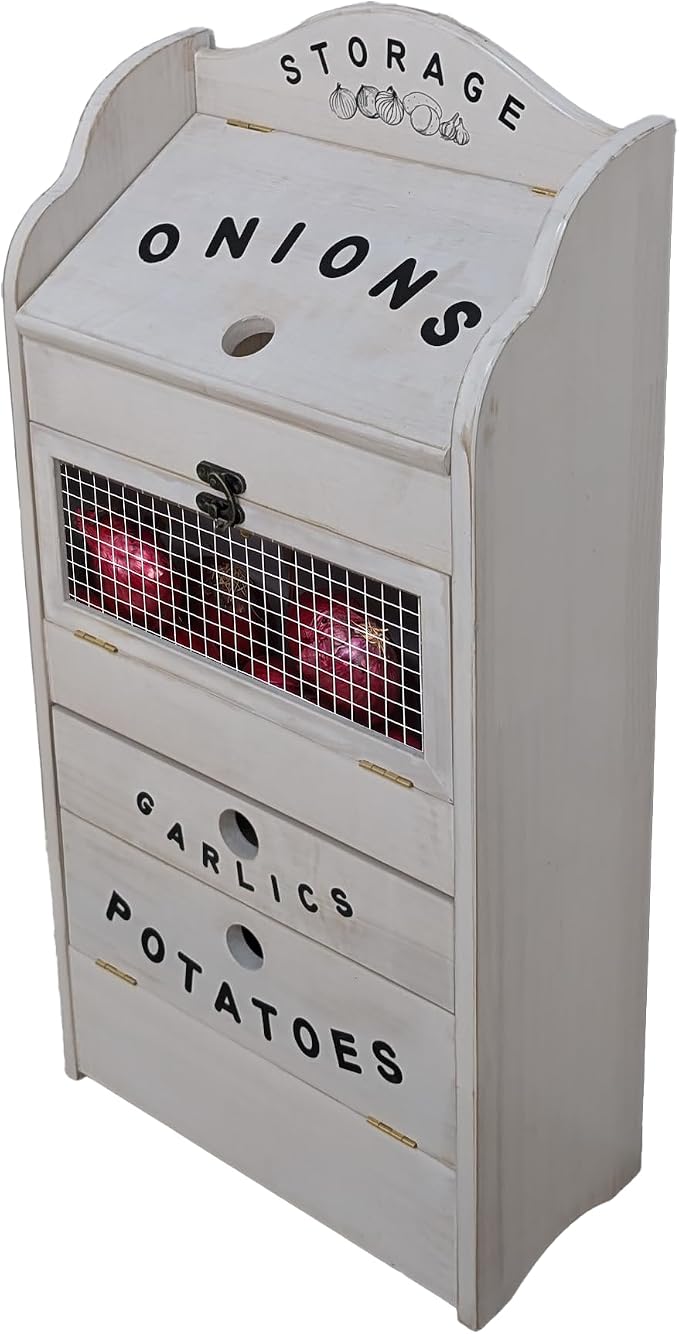 ARTAWEIN Pine Wood Veggie Bin for Potato, Onion and 1 Garlic Drawer Vegetable Box for Kitchen Storage, Solid Wood Vegetable Bin 13.77" L X 7.1" W X 29.3" H (Rustic White) - Image 9