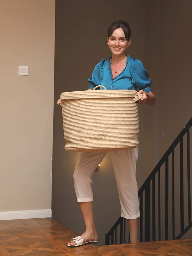 20x15 Inch Extra Large Round Cotton Rope Storage Basket with Lid, Decorative Woven Bin with Cover for Living Room Bedroom Closet, Beige - Image 9