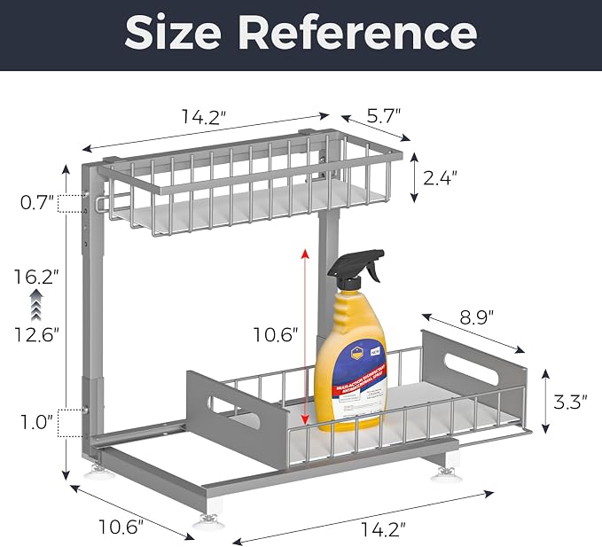 L-Shaped Under Sink Organizer, 2-Tier Pull-out Cabinet Rack 1-Pack | Grey Height-Adjustable Steel Rack, Sliding Grid Drawers with PP Liners, Holds 100 Lbs, Suction Base, Ideal Kitchen Storage - Image 6