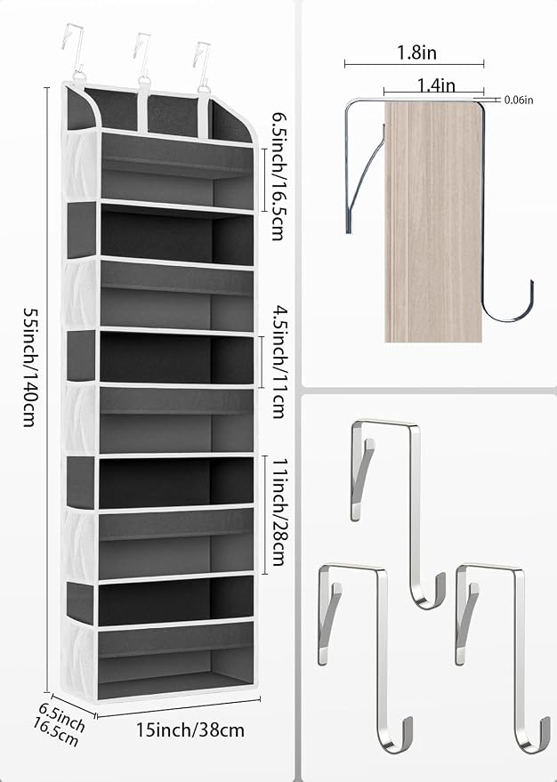 TAHAVICE Over the Door Organizer Storage, 5 Large & 10 Mesh Pockets | Hanging Organizer Closet College Dorm Essentials for Girls, Storage for Dorm Organization, Nursery & Bedroom (Dark Grey) - Image 8