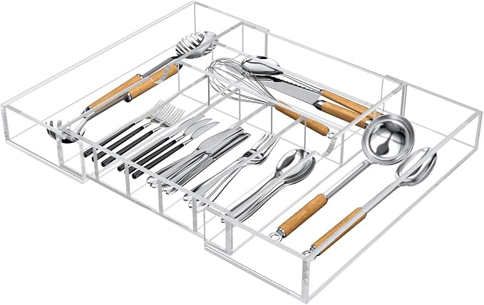NIUBEE Acrylic Utensil Silverware Tray for Drawer, Clear Cutlery Organizer | Expandable Silverware Organizer for Flatware, 9 Compartments Adjustable Utensil Organizer,Clear Silverware Holder for Kitchen - Image 9