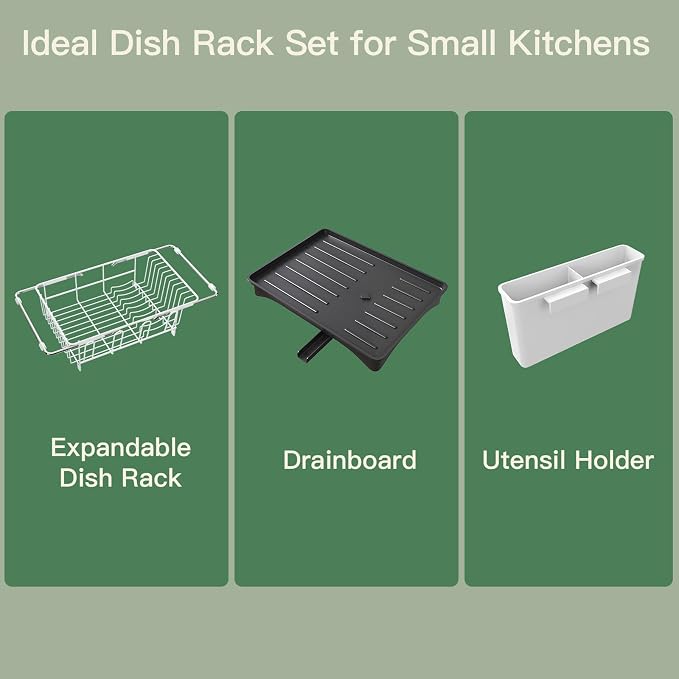 White Dish Drying Rack Over Sink with Utensil Holder, Drainboard | Expandable Stainless Steel Dish Drainer for Small Kitchen, Apartment, RV, Counter Space Saving, Perfect Fit, Rustproof - Image 9