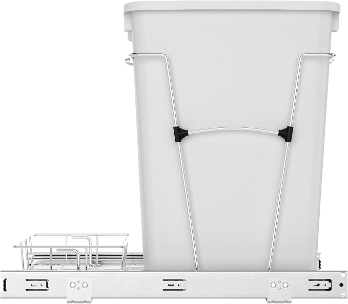 Rev-A-Shelf Single 35 Qt Pullout Trash Can for Base Kitchen Cabinets, Garbage Waste Bin System with Full Extension Slides, Min Opening Width of 11.5", White/Chrome, RV-12KD-11C - Image 9