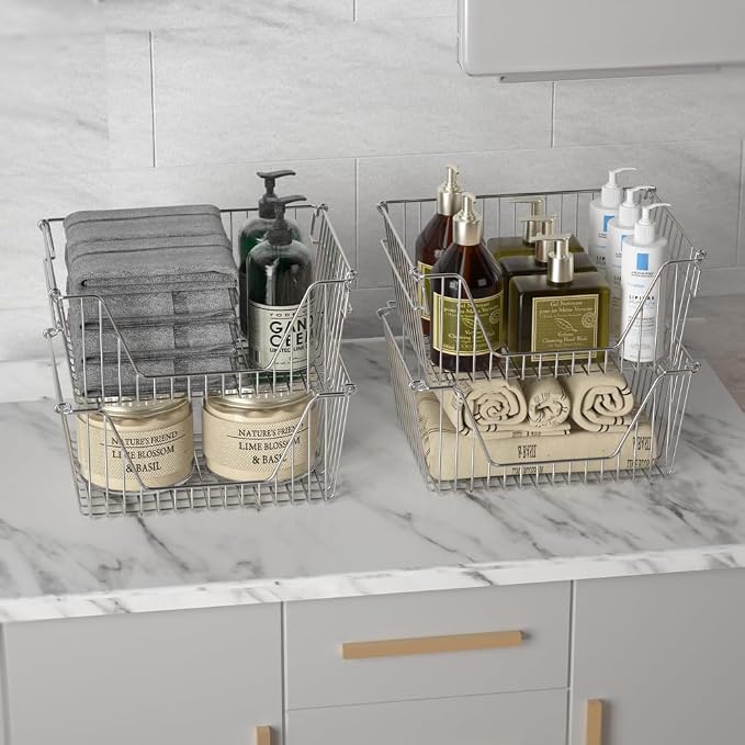 Slideep Large Stackable Storage Baskets Cabinet Organizer Sturdy Metal Wire Pantry Freezer Bin for Pantry Home Bathroom Kitchen Organization 4 Packs - Image 5