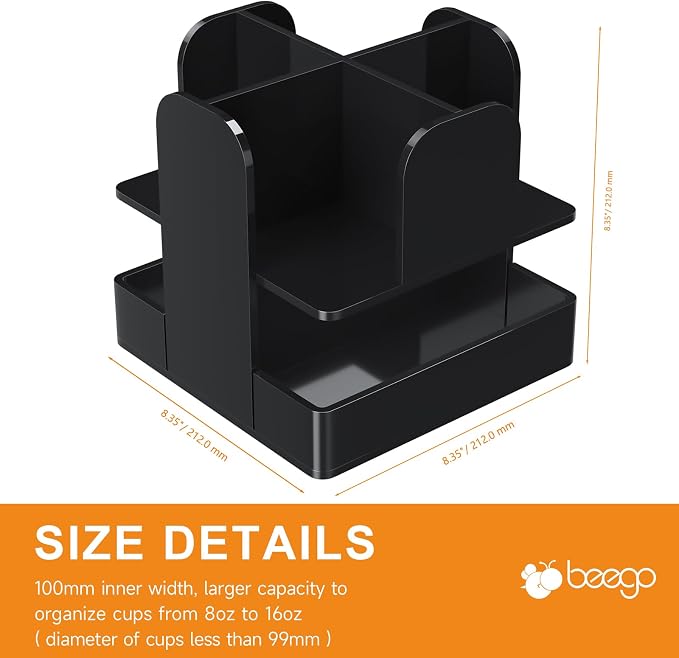 Beego Rotatable 6 Compartment Acrylic Cup Dispenser - Black Plastic Cup Holder for Coffee Station, Restaurant, Breakroom & Coffee Bar - Image 9