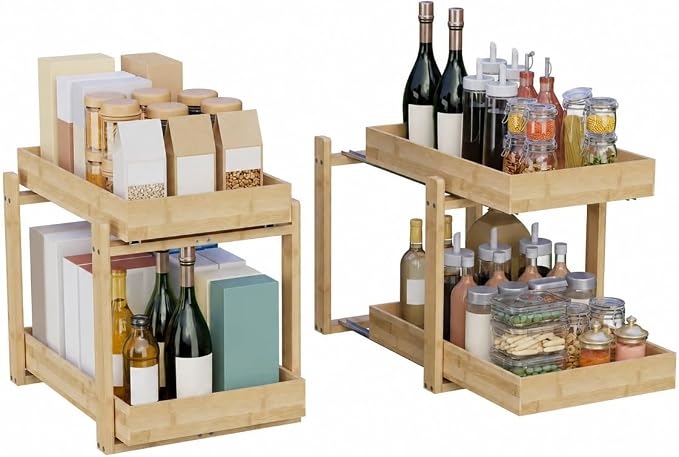 Bamboo Under Sink Organizer 2 Tier Pull Out Cabinet Storage Drawer - Image 7