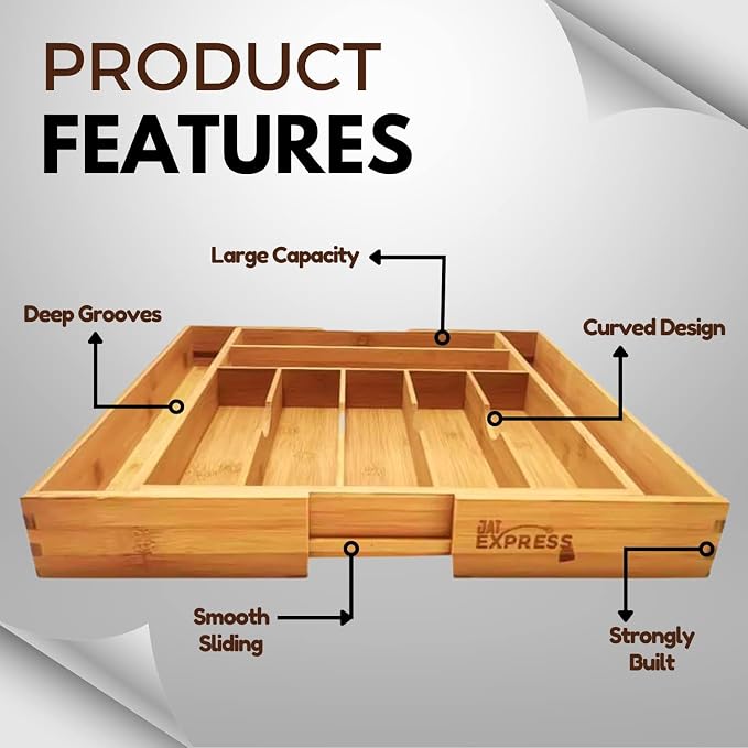 Bamboo Kitchen Utensil Organizer, Expandable Silverware Organizer for Kitchen Drawers, Premium Wood Drawer Organizers, Silverware Holder Tray for Drawers Flatware-Cutlery Organizer for Drawer - Image 8
