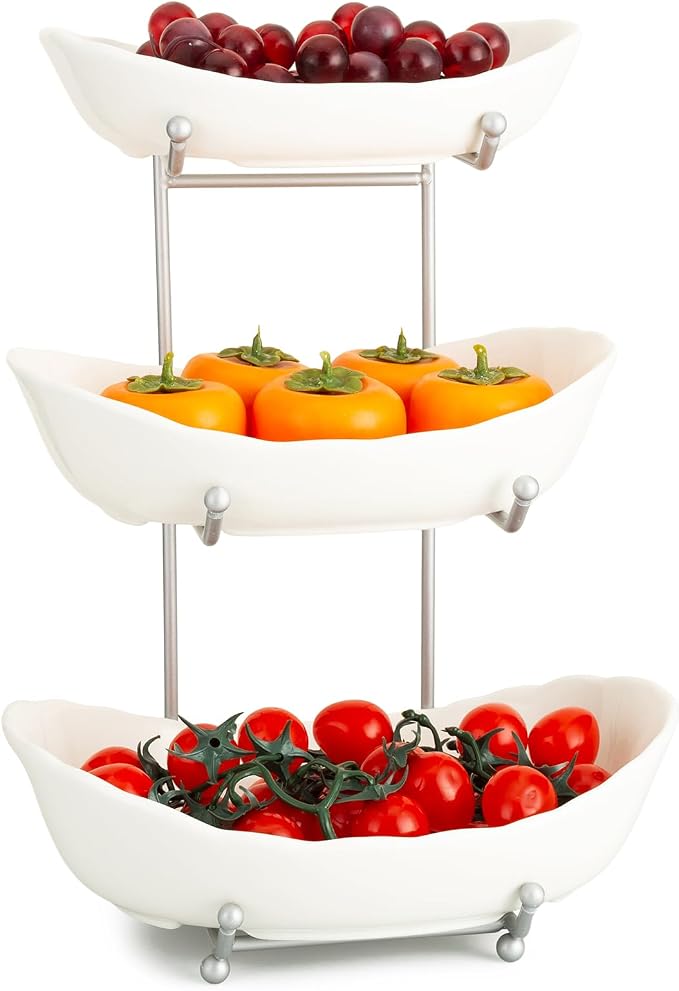 Ceramic Fruit Bowl for Kitchen Counter, 3 Tier Ceramic Serving Bowls with Metal Stand, Fruit Basket Stand Fruit Serving Tray Set for Vegetable Storage, Candy Snack Dessert Cake (White) - Image 8