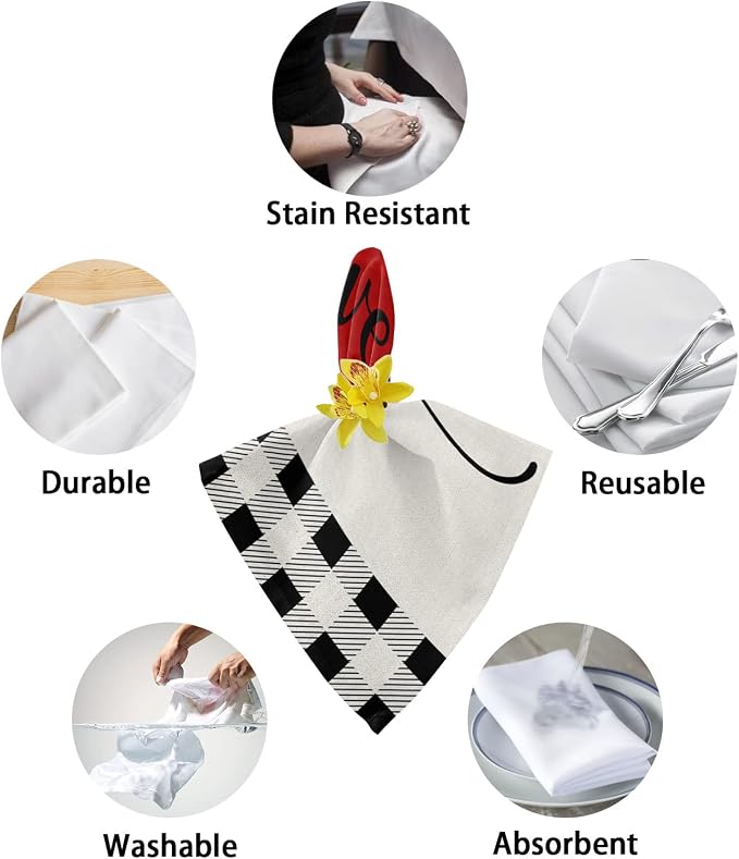 Kitchen Cloth Napkins 6 Pack Reusable Dinner Napkins Love Valentines Red Heart Black White Buffalo Plaid Linen Soft Smooth Fabric Table Napkin for Wedding Banquet Party Decoration (20x20 Inches) - Image 6