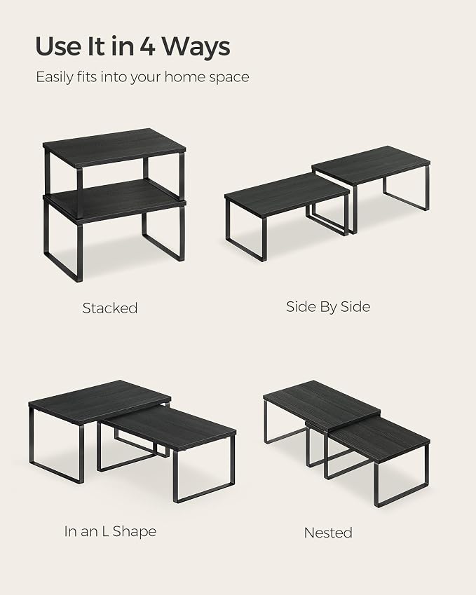 SONGMICS Cabinet Organizer Shelf, Set of 4 Kitchen Counter Shelves, Kitchen Storage, Spice Rack, Stackable, Expandable, Metal and Engineered Wood, Ink Black and Ebony Black UKCS027B01 - Image 7