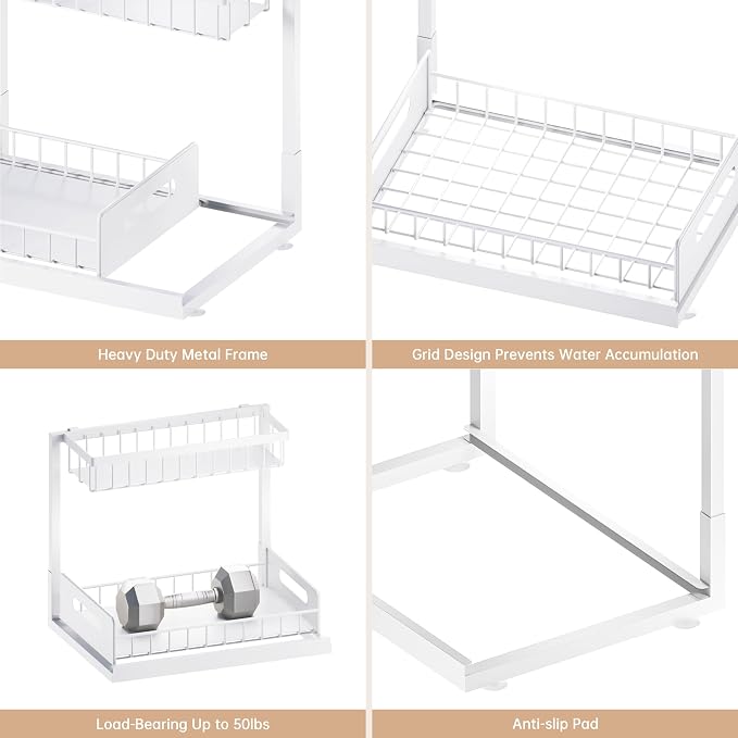 Under Sink Organizer and Storage 2 Pack, Slide Out Cabinet Organizer, Pull Out Sink Shelf for Kitchen Bathroom Laundry, White - Image 7