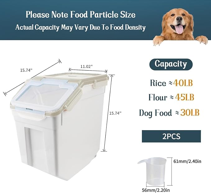 50LB Large Flour Storage Container Bin,2 Pack Airtight Plastic with Wheels Seal Locking Lid Dispenser Organizer Bin with Measuring Cup & Scoop for Flour, Rice, Grain 100LBS Total Capacity(Grey) - Image 5