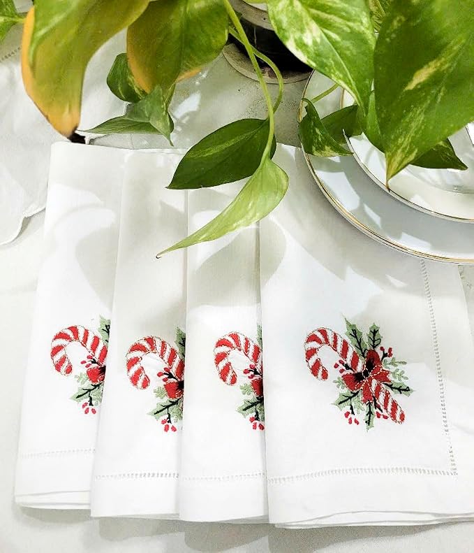 Embroidered Cloth Napkin Red Candy Cane and Holly Christmas Cotton Napkins Set of 6, 20x20 Hemstitch Table Napkins Machine Washable, Daily & Christmas, Great Present Ideas - Image 9