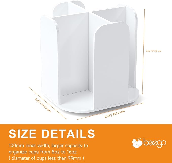 Beego Rotatable 4-Compartment White Acrylic Cup Dispenser - Coffee Station Cup and Lid Carousel Countertop Plastic Cup Holder for Restaurant Breakroom Coffee Bar - Image 9