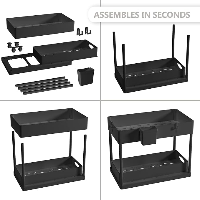 Under Sink Organizers and Storage, Bathroom Cabinet Organizer, Sink Shelf with Utility Hooks and Side Caddy for Under Cabinet Storage | Under Kitchen Sink Organizer with Sliding Drawer, Black (1-Pack) - Image 8
