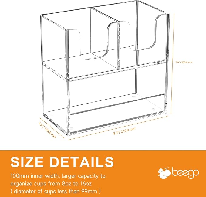 Beego 3-Compartment Cup Holder for Countertop - 2-Tier Clear Acrylic Cup Dispenser Coffee Station Paper Cup and Lid Organizer Condiment Storage for Restaurant Breakroom Kitchen Bar Accessories - Image 9