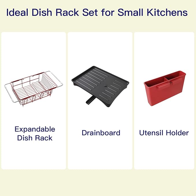 Red Dish Drying Rack Over Sink with Utensil Holder, Drainboard | Expandable Stainless Steel Dish Drainer for Small Kitchen, Apartment, RV, Counter Space Saving, Perfect Fit, Rustproof - Image 9