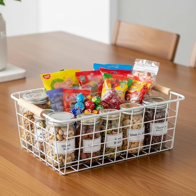 LeleCAT White Wire Baskets for Organizing with Handles,Pantry Organizers and Storage For Kitchen, Household Snack Basket for Cabinets, Closets, Bedrooms,food - Set of 4(White) - Image 8