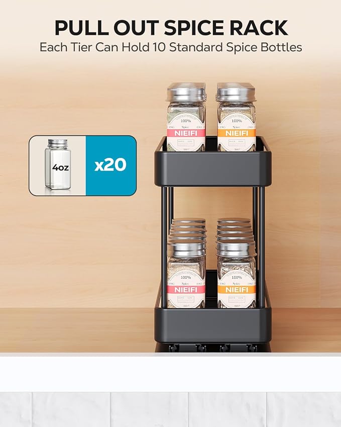 Nieifi Pull Out Spice Rack Organizer, 2 Tiers, 1 Pack | 4.5"Wx10.35"Dx8.4"H, For Cabinet, Easy to Install, Metal - Image 8