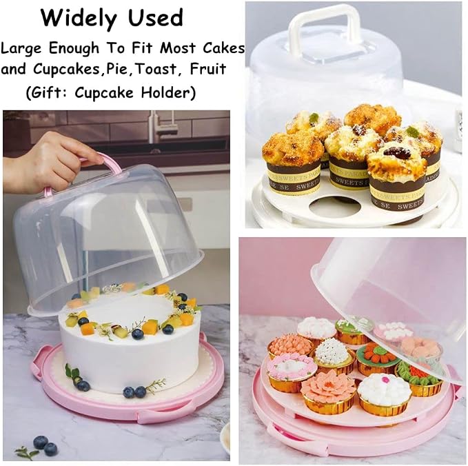 Cake Carrier Round Cake Stand Plus Height Cake Container with Cupcakes Pad, Handle, Lid Reusable Package Box for Transporting Desserts,Pie,Toast,Fruit - Image 9
