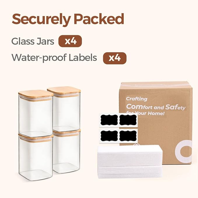 ComSaf Square Glass Containers With Lids 1.2 Qt, Set of 4 Pantry Galss Jars | Kitchen Glass Pantry Storage Containers, Storage Canisters, Silicone Seal, Dry Food, Cookie, Flour, Spice, Coffee, BPA Free - Image 8