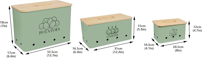 Kitchen Vegetable Storage Tins Set of 3 for Potato Onion & Garlic with Wooden Lid and Aerating Holes, Kitchen Storage Canisters Set, Vintage Kitchen Decor - Green - Image 7