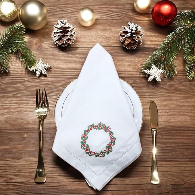 Embroidered Cotton Napkins Christmas 20x20 (Holly & Red Berries Wreath) - Image 7