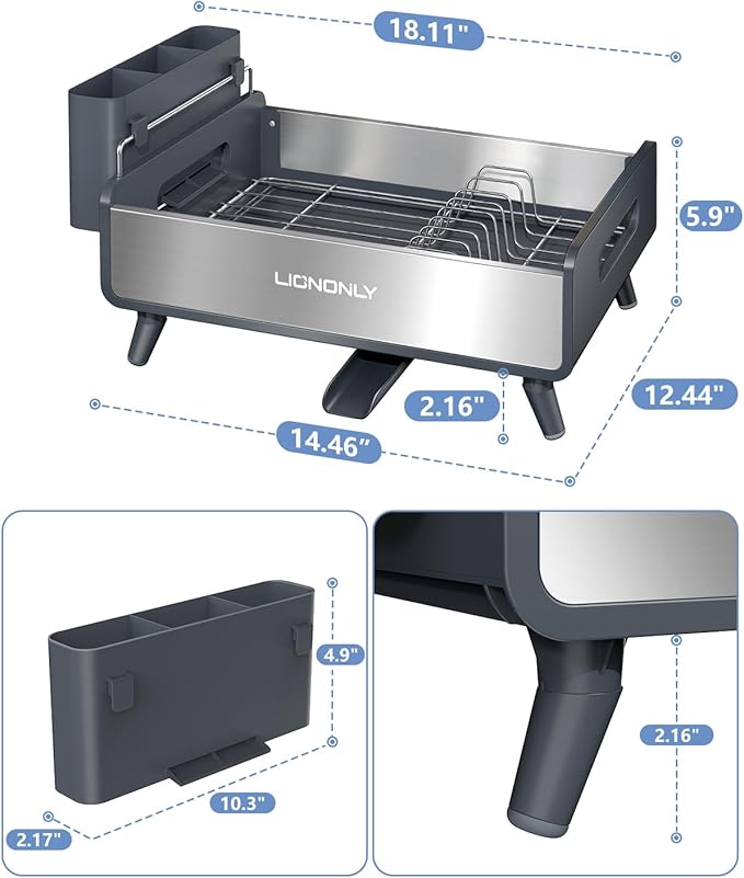 Dish Drying Rack with Drain Board, 304 Stainless Steel Core, Aluminum Rustproof Frame, Anti-Slip Elevated Feet, Removable Adjustable Spout, Utensil Holder, Gray - Image 7