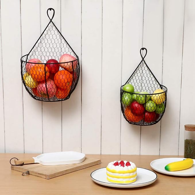 ERYTLLY Metal Fruit And Vegetable Storage Hanging Basket Wall Mounted, For Kitchen Black Wire Baskets for Flowers, Fruits and Veggies, - Set of 2 - Image 6